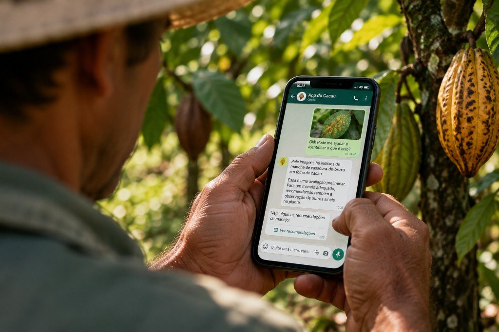 Produtor de cacau na lavoura consultando o App do Cacau no WhatsApp
